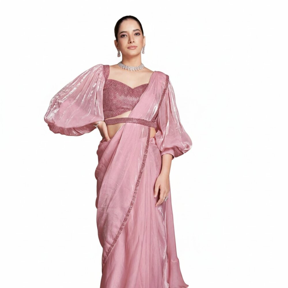 Exquisite Designer Satin Silk Saree with Lantern Sleeve Blouse - Pink